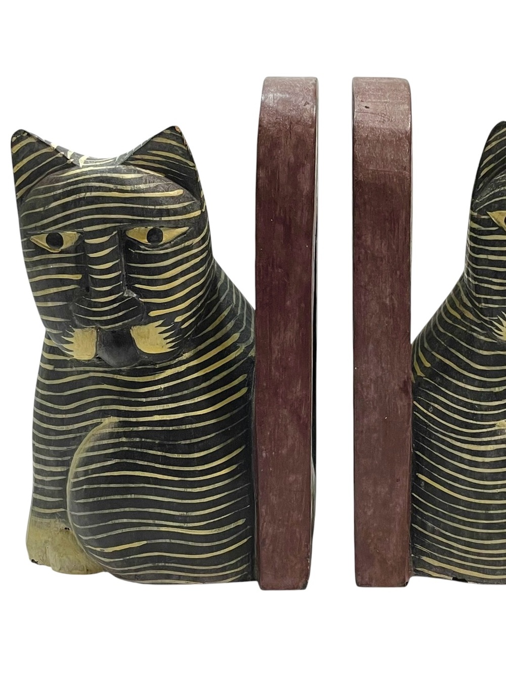 Vintage 1970s Laurel Burch Style Wooden Cat Bookends Folk Art Black and White